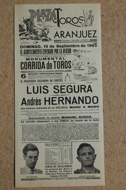 Cartel de toros de Aranjuez. 19 de septiembre de 1965.