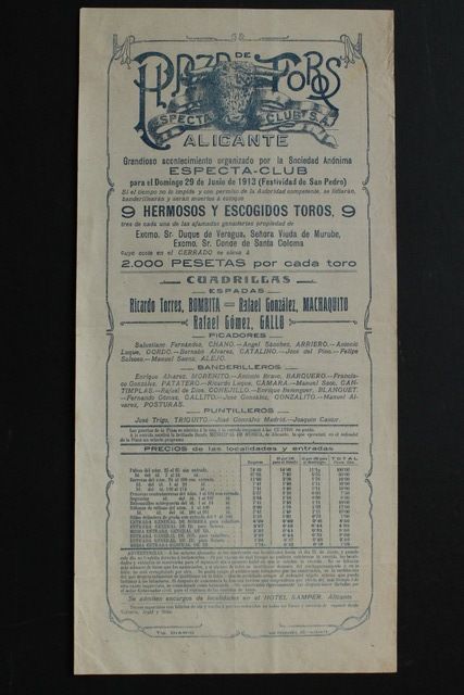 Cartel de toros de Alicante. 29 de junio de 1913.