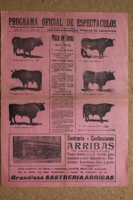 Programa de toros de Madrid. 30 de mayo de 1926.