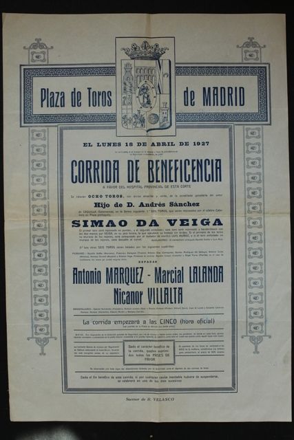 Cartel de toros de Madrid. 18 de abril de 1927. Beneficencia.