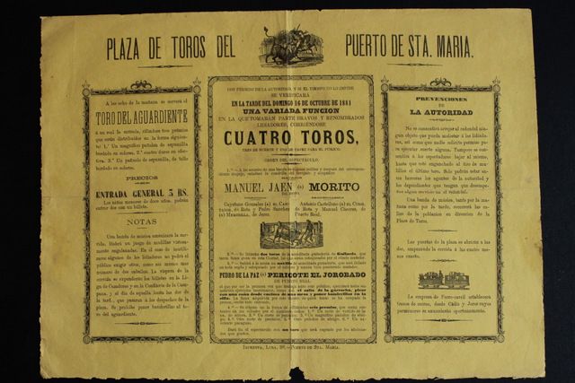 Cartel de toros del Puerto de Santa María. 16 de octubre de 1881.