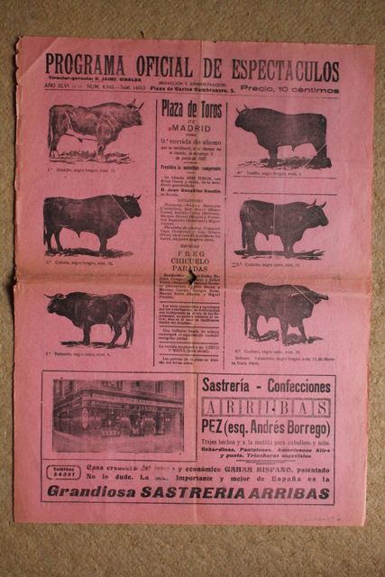 Programa de toros de Madrid. 5 de junio de 1927.