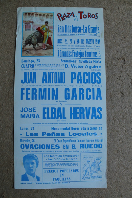 Cartel de toros de San Ildefonso-La Granja. 23, 24 y 26 de agosto de 1987.