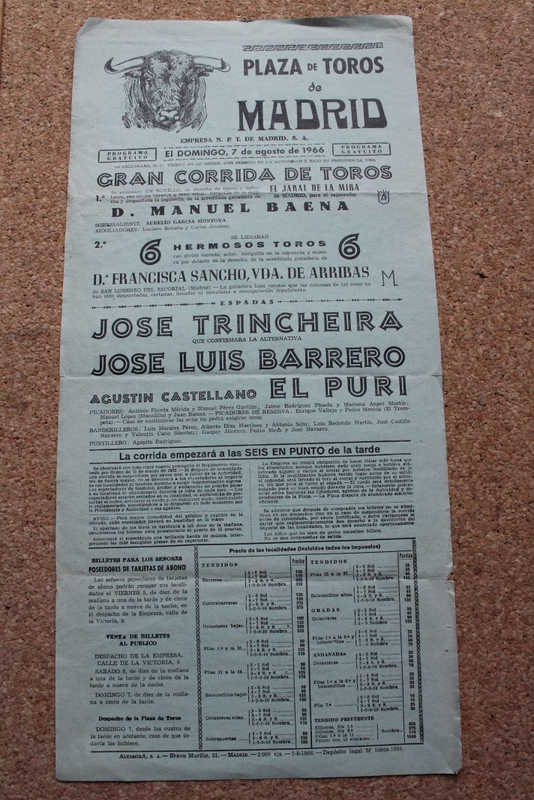 Cartel de toros de Madrid. 7 de agosto de 1966.