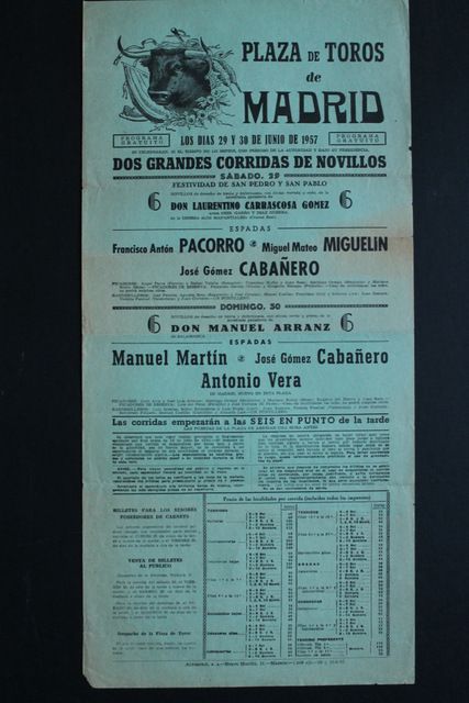 Cartel de toros de Madrid. 29 y 30 de junio de 1957. 