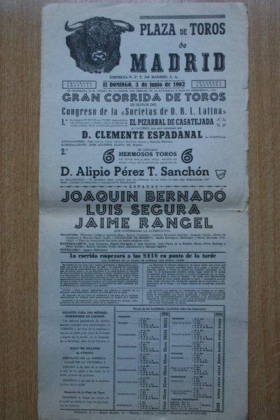 Cartel de toros de Madrid. 1962.