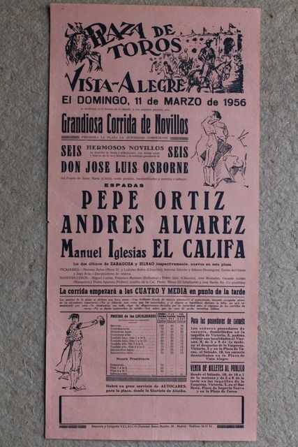 Cartel de toros de Vista-Alegre. Madrid. 11 de marzo de 1956.