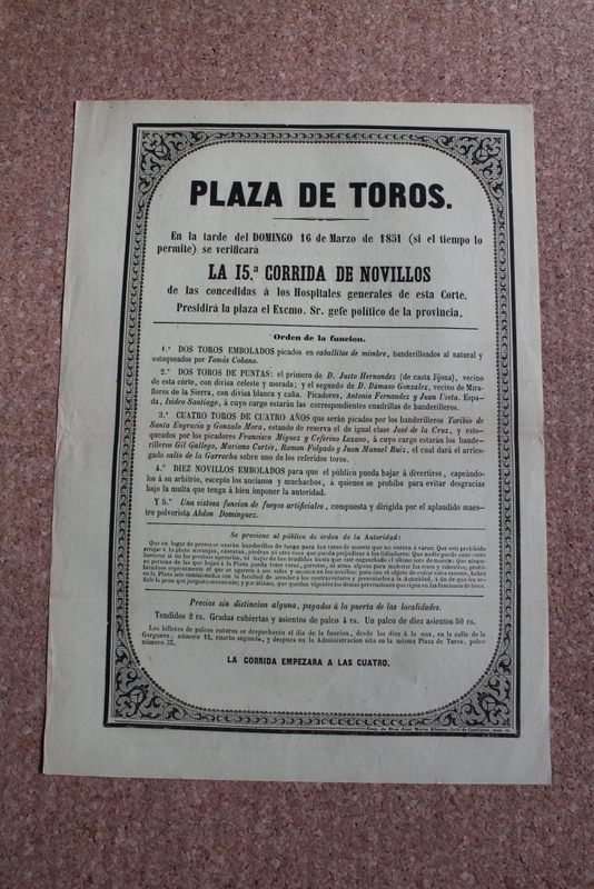 Cartel de toros de 16 de marzo de 1851.