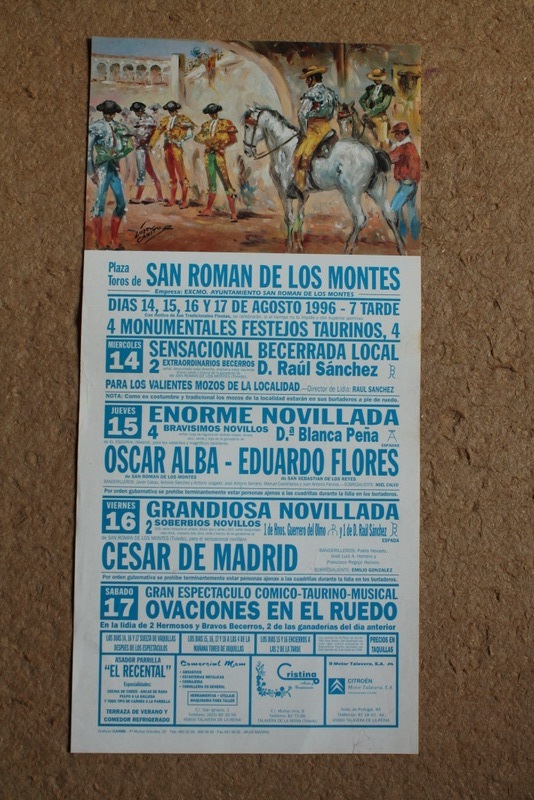 Cartel de toros de San Román de los Montes. 14, 15, 16 y 17 de agosto de 1996.