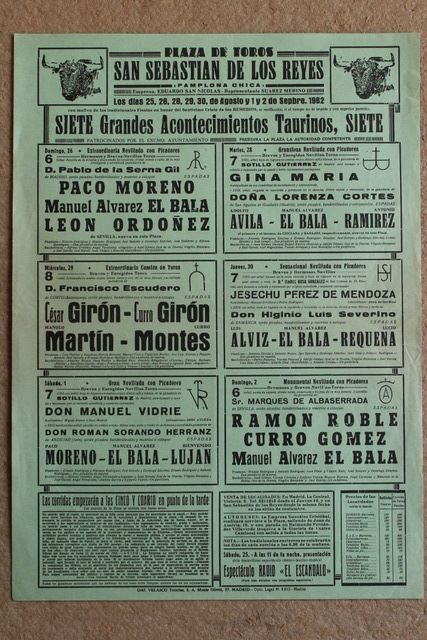 Cartel de toros de San Sebastián de los Reyes. 25 de agosto al 2 de septiembre de 1962.