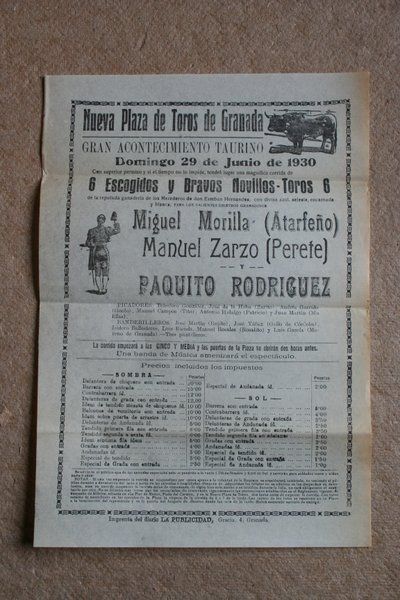 Cartel de toros de Granada. 29 de junio de 1930.