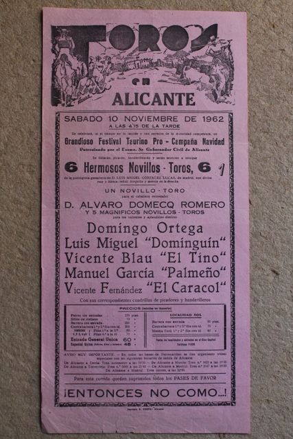 Cartel de toros de Alicante. 10 de noviembre de 1962. 