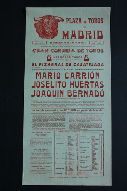 Cartel de toros de Madrid.10 de junio de 1956.