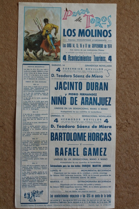 Cartel de toros de Los Molinos. 14, 15, 16 y 17 de septiembre de 1974.