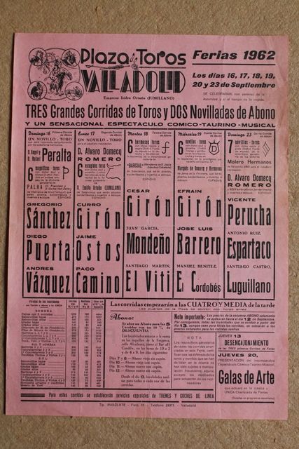 Cartel de toros de Valladolid. Ferias 1962. Días 16, 17, 18, 19, 10 y 23 de septiembre de 1962.