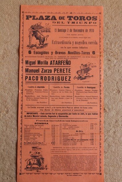 Cartel de toros de Granada. 2 de noviembre de 1930.