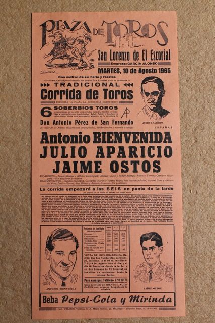 Cartel de toros de San Lorenzo de El Escorial. 10 de agosto de 1965.