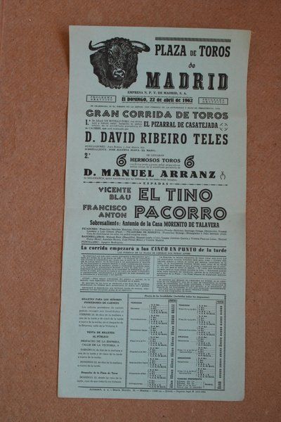 Cartel de toros de Madrid. 22 de abril de 1962.