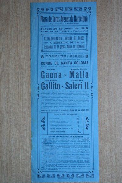 Cartel de toros de Barcelona. 1918.