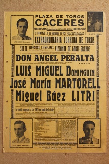 Cartel de toros de Cáceres. 30 de septiembre de 1951.