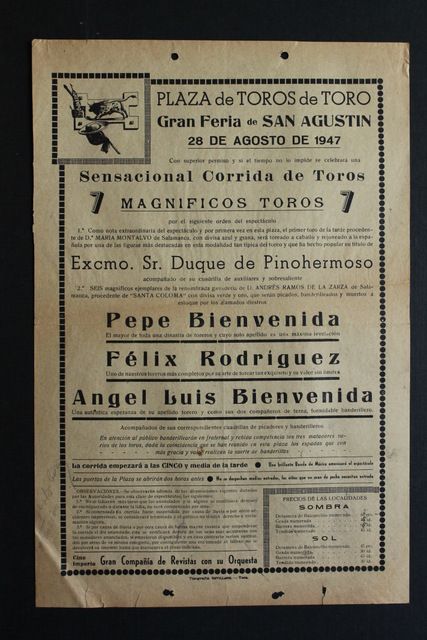 Cartel de toros de Toro. 28 de agosto de 1947. Feria de San Agustín. 