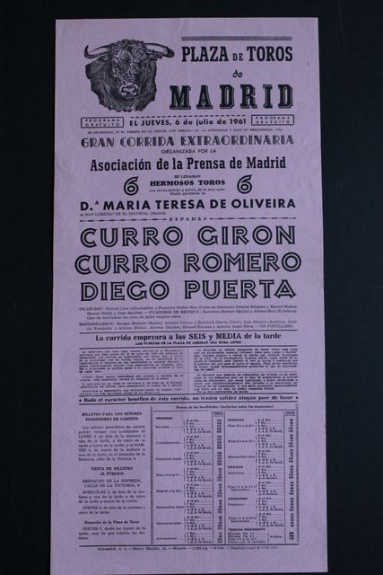 Cartel de toros de Madrid. Jueves, 6 de julio de 1961.