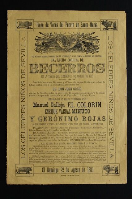 Cartel de toros del Puerto de Santa María. 22 de agosto de 1886.