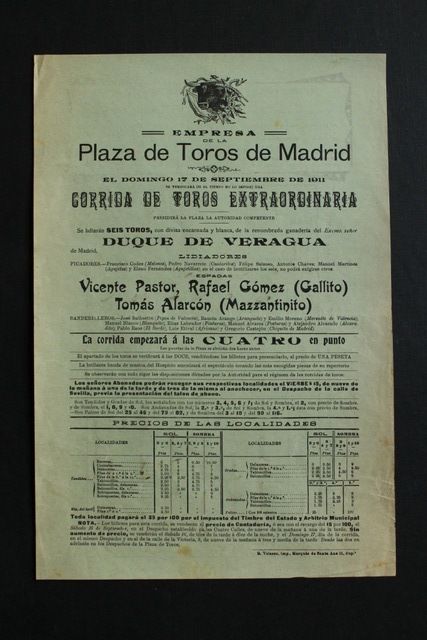 Cartel de toros de Madrid. 17 de septiembre de 1911. 