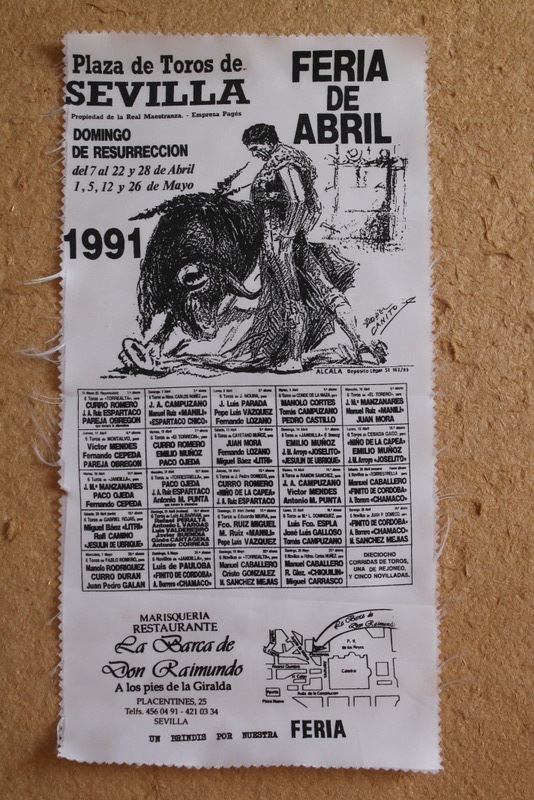Cartel de toros de de Sevilla en seda. Del 7 al 22 y 28 de abril, 1 5, 12 y 26 de mayo de 1991. 