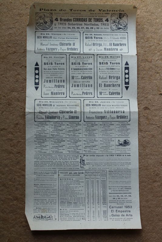 Cartel de toros de Valencia. Feria de Julio de 1953. 24, 25, 26, 27, 28, 29 y 30 de julio.
