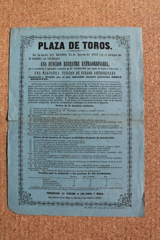 Cartel de toros de Madrid. En la tarde del viernes 15 de agosto de 1851.