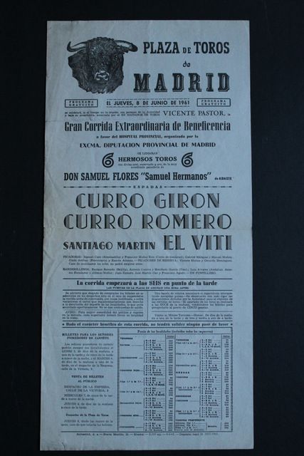 Cartel de toros de Madrid. 8 de junio de 1961. Beneficencia.