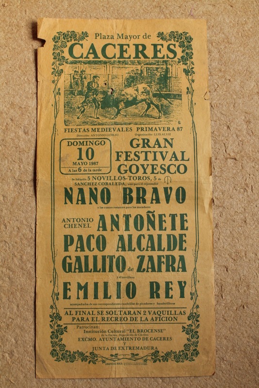 Cartel de toros de Cáceres. 10 de mayo de 1987. Gran Festival Goyesco.
