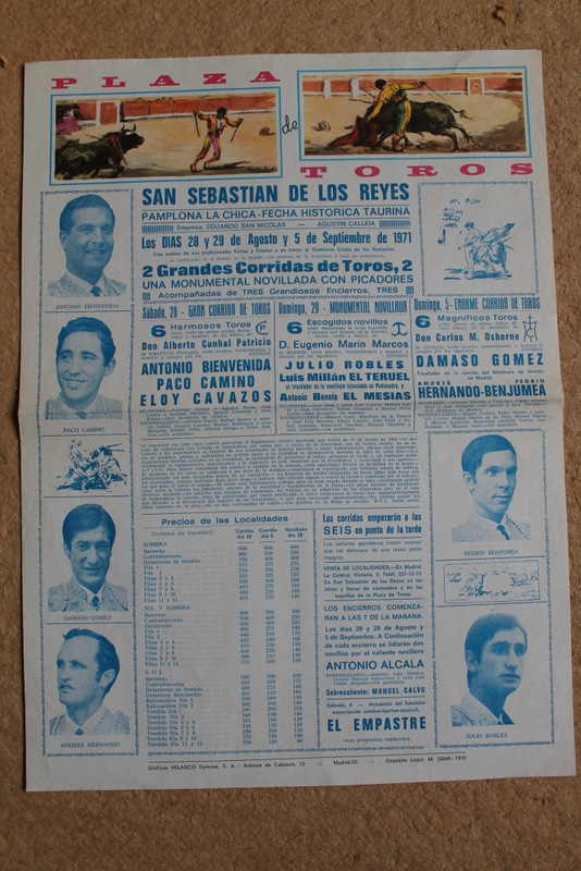 Cartel de toros de San Sebastián de los Reyes. 28 y 29 de agosto y 5 de septiembre de 1971.
