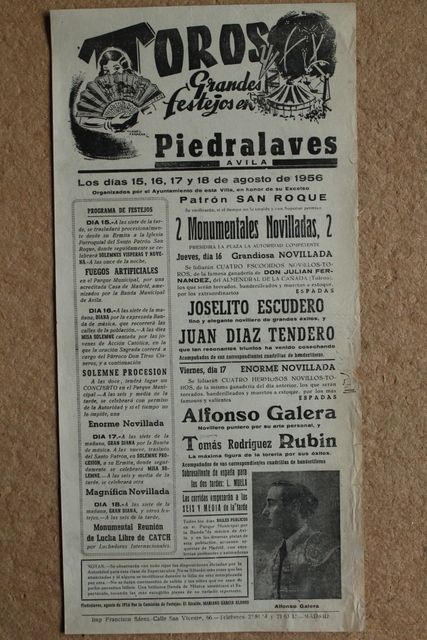 Cartel de toros de Piedralaves. 25, 26, 27 y 18 de agosto de 1956.