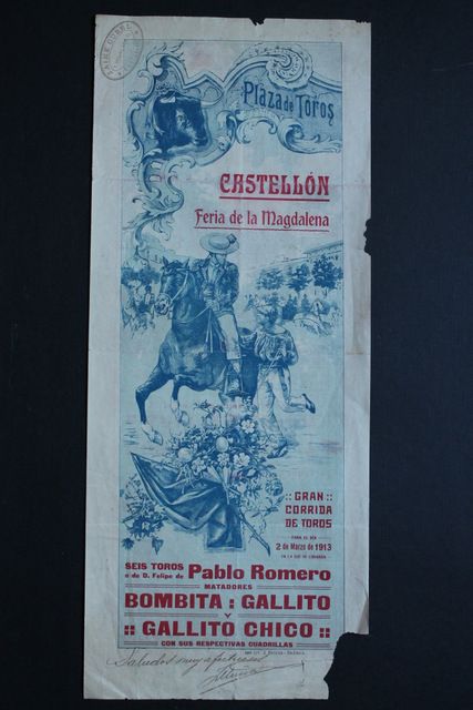Cartel de toros de Castellón. 2 de marzo de 1913.