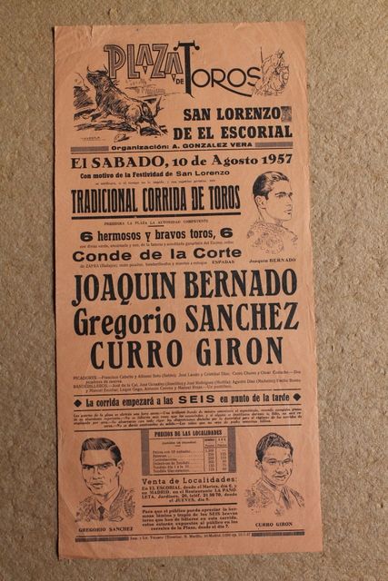 Cartel de toros de San Lorenzo de El Escorial. 10 de agosto de 1957.