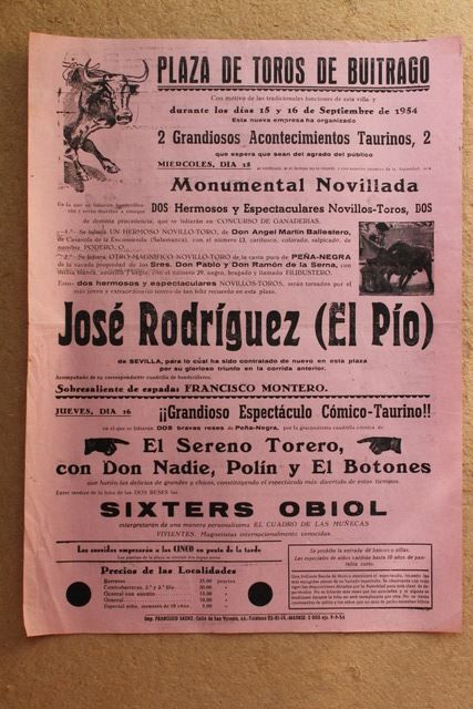 Cartel de toros de Buitrago. 15 de septiembre de 1954.
