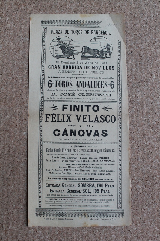 Cartel de toros de Barcelona. 3 de abril de 1898.