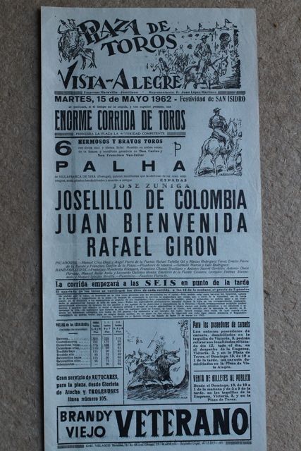 Cartel de toros de Vista-Alegre. Madrid. 15 de mayo de 1962.