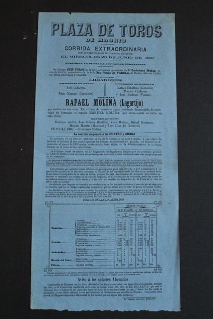 Cartel de toros de Madrid. 29 de junio de 1881.