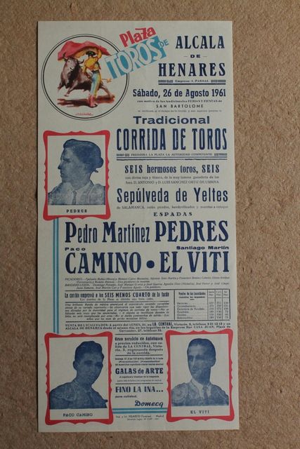 Cartel de toros de Alcalá de Henares. 26 de agosto de 1961.