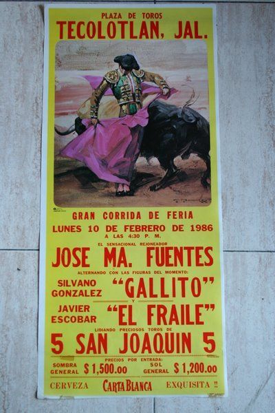 Cartel de toros de Tecolotlán. Jalisco. México 1986.