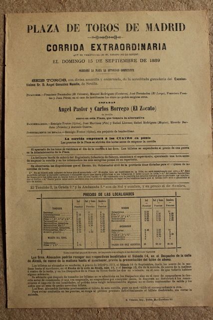 Cartel de toros de Madrid. 15 de septiembre de 1889.