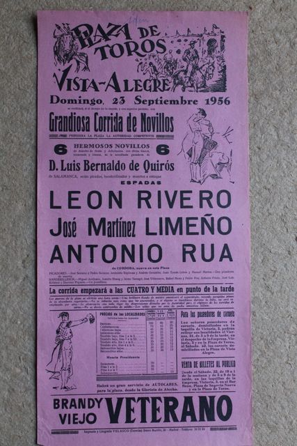 Cartel de toros de Vista-Alegre. Madrid. 23 de septiembre de 1956.