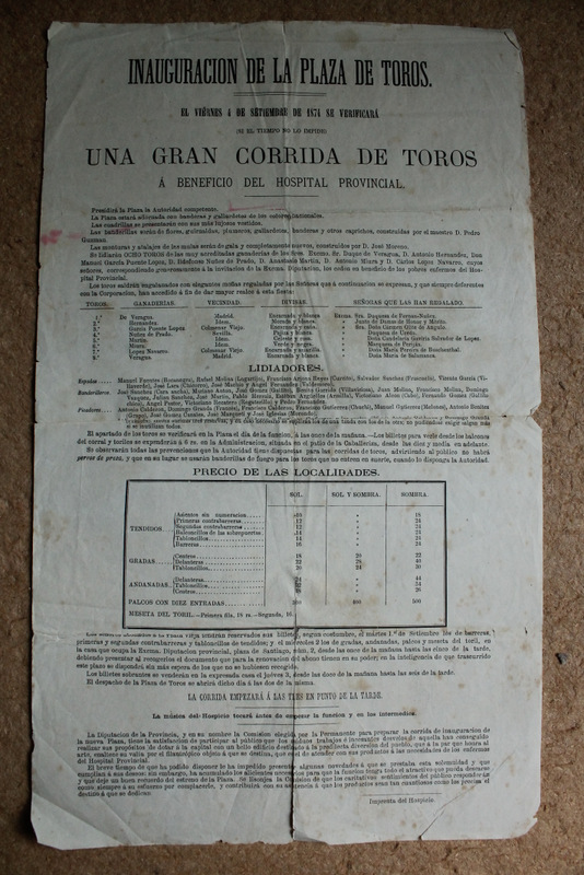 Cartel de toros de Madrid.Inauguración de la Plaza de Toros de Madrid. 4 de septiembre de 1874. Gran corrida de toros a beneficio del Hospital Provincial.