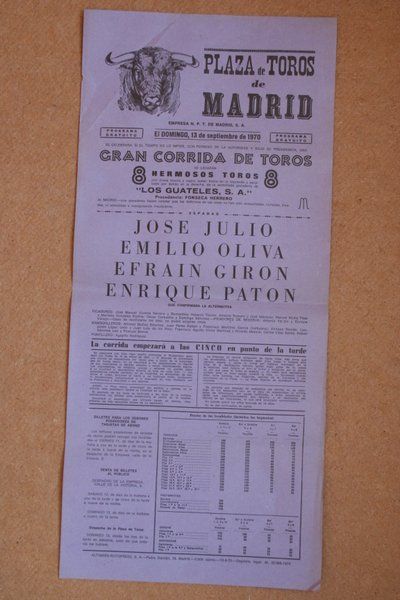 Cartel de toros de Madrid. 13 de septiembre de 1970.