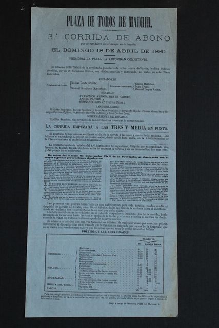 Cartel de toros de Madrid. 18 de abril de 1880.