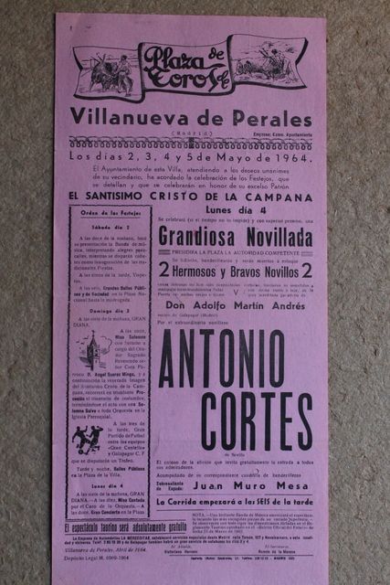 Cartel de toros de Villanueva de Perales. 2, 3, 4 y 5 de mayo de 1964.