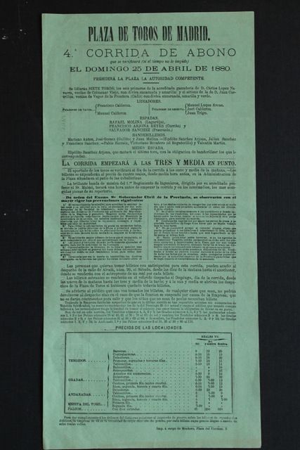 Cartel de toros de Madrid. 25 de abril de 1880.